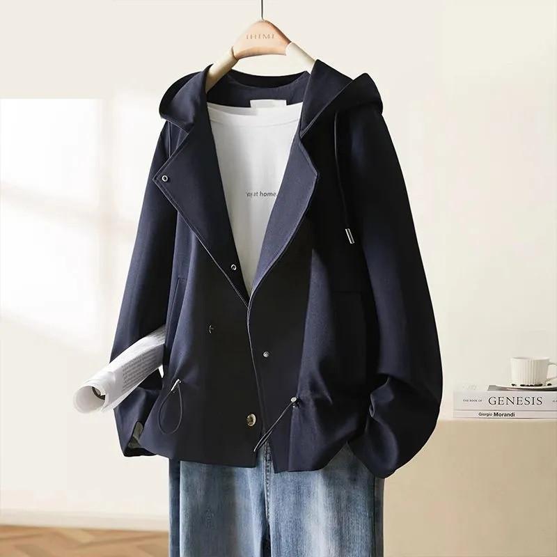 Frühlings-Herbstjacke Damen Kapuze Kurz Windbreaker Mantel Damen Lockeres Design Sinn Oberbekleidung Nischen Übermantel Damen Oberteile XL navy blau von Joom DACH