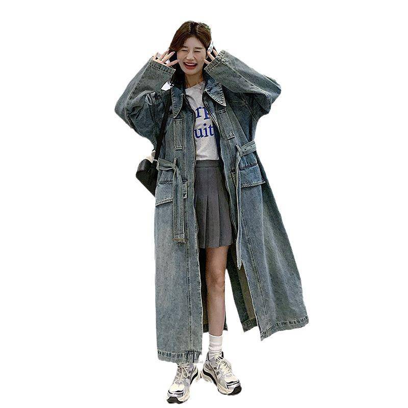 Frühlings-Jeansjacke mit Revers und Gürtel in der Taille sowie lange Overknee-Jacke für Damen XL von Joom DACH