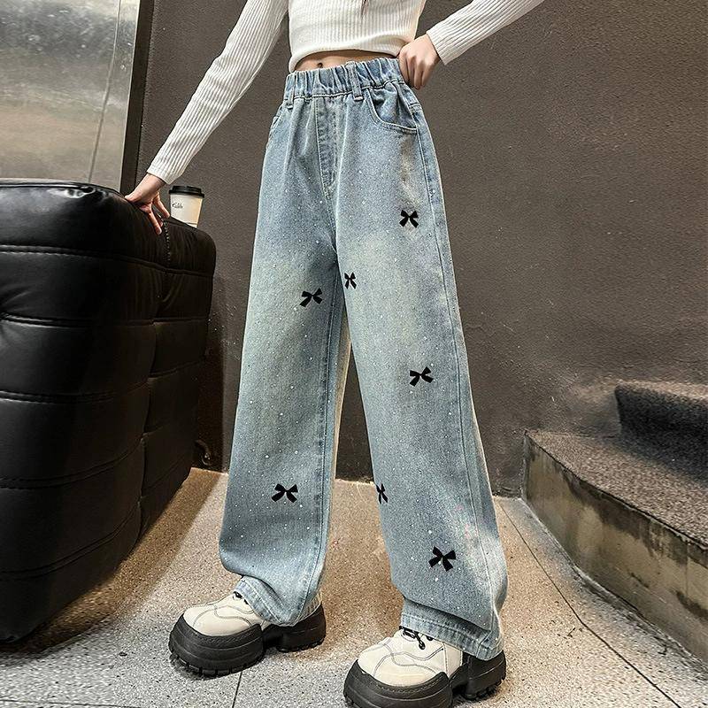 Frühlings Kinder Casual Jeans mit Schleifenstickerei für Mädchen Mode High Street Denimhosen Kinder High-Waist Jeans Hosen 150 blau von Joom DACH