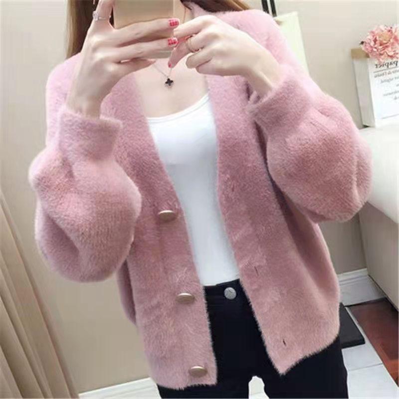 Frühlings-Plüsch-Cardigan-Jacke für Damen, gestrickt, locker, koreanische Version, Lazy-Style, Top, kurzer Pullover für Damen L rosa Frühlings-Plüsch-Cardigan-Jacke für Damen, gestrickt, locker, koreanische Version, Lazy-Style, Top, kurzer Pullover für Damen L rosa von Joom DACH