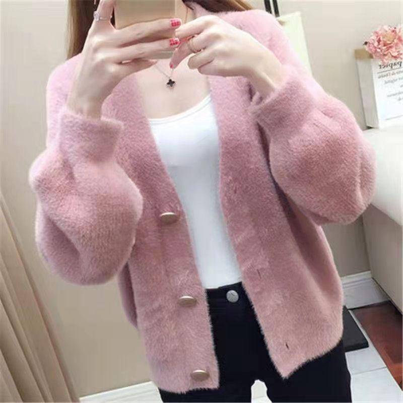 Frühlings-Plüsch-Cardigan-Jacke für Damen, gestrickt, locker, koreanische Version, Lazy-Style, Top, kurzer Pullover für Damen L rosa Frühlings-Plüsch-Cardigan-Jacke für Damen, gestrickt, locker, koreanische Version, Lazy-Style, Top, kurzer Pullover für Damen L rosa von Joom DACH