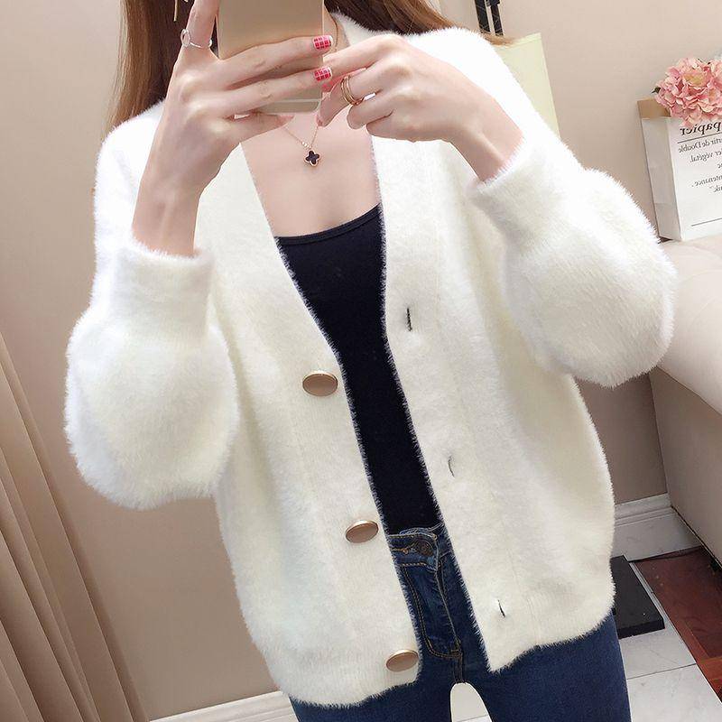 Frühlings-Plüsch-Cardigan-Jacke für Damen, gestrickt, locker, koreanische Version, Lazy-Style, Top, kurzer Pullover für Damen M weiß Frühlings-Plüsch-Cardigan-Jacke für Damen, gestrickt, locker, koreanische Version, Lazy-Style, Top, kurzer Pullover für Damen M weiß von Joom DACH