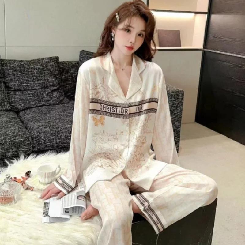 Frühlings-Pyjama aus neuer Strickjacke mit Revers aus Eisseide für Damen, langärmelige Hose, zweiteiliges Homewear-Set 2XL von Joom DACH