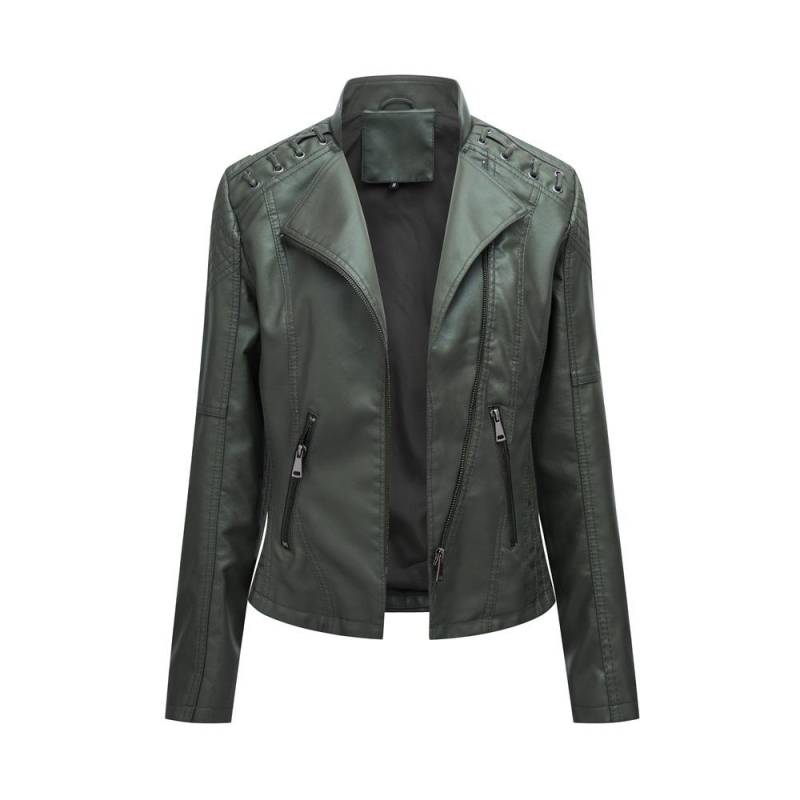 Frühlings- und Herbst Damen Lederjacke Kurze Jacke Slim Dünne Sektion Lederjacke Ms. Biker-Kleidung 3XL armee grüne von Joom DACH