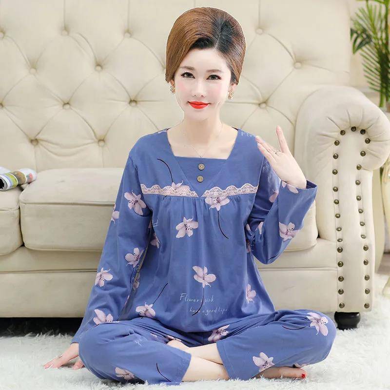 Frühlings- und Herbst-Damen-Pullover-Pyjamas, lockeres und bequemes, hochwertiges, langärmeliges Hosen-Set aus Baumwolle mittleren Alters XXXL von Joom DACH