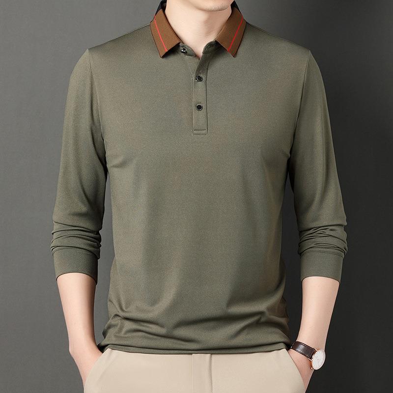 Frühlings- und Herbst-Herren-Langarm-T-Shirt Mittelgrün Lässig Einfarbig Revers Poloshirt Unterziehhemd Herren-Top 4XL von Joom DACH