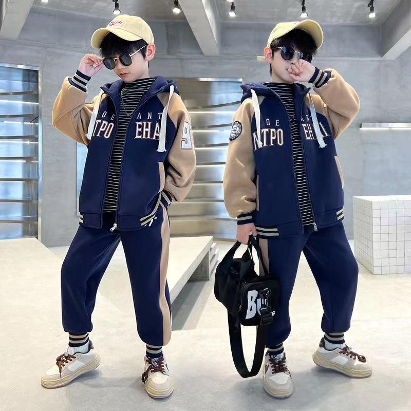 Frühlings- und Herbst-Jungen-Sets Koreanische Version der Kleidung für Teenager 2-teilige Kapuzenjacke Mantel + Hose Lässige Kinderkleidung 170 navy blau von Joom DACH