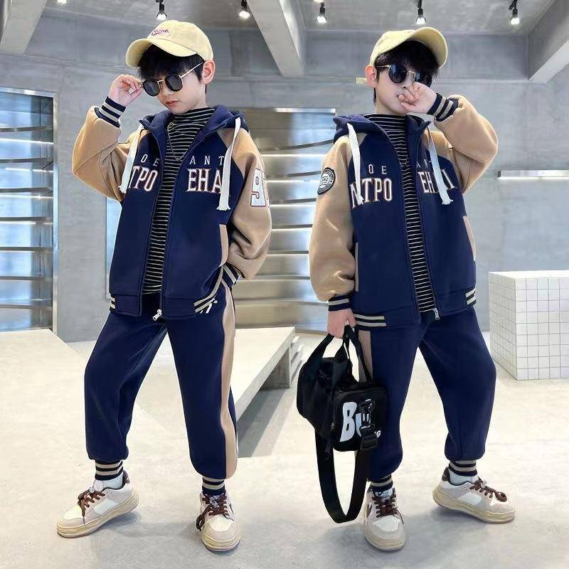 Frühlings- und Herbst-Jungen-Sets Koreanische Version der Kleidung für Teenager 2-teilige Kapuzenjacke Mantel + Hose Lässige Kinderkleidung 170 navy blau von Joom DACH