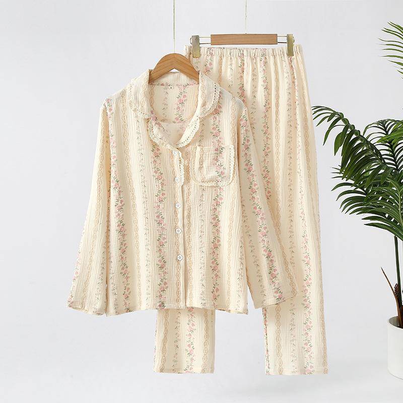 Frühlings- und Herbst-Pyjama für Damen, langärmlig, lange Hose, 2-teiliges Set aus 100 % Baumwolle, Damen-Krepp-Heimtextilien-Set L von Joom DACH