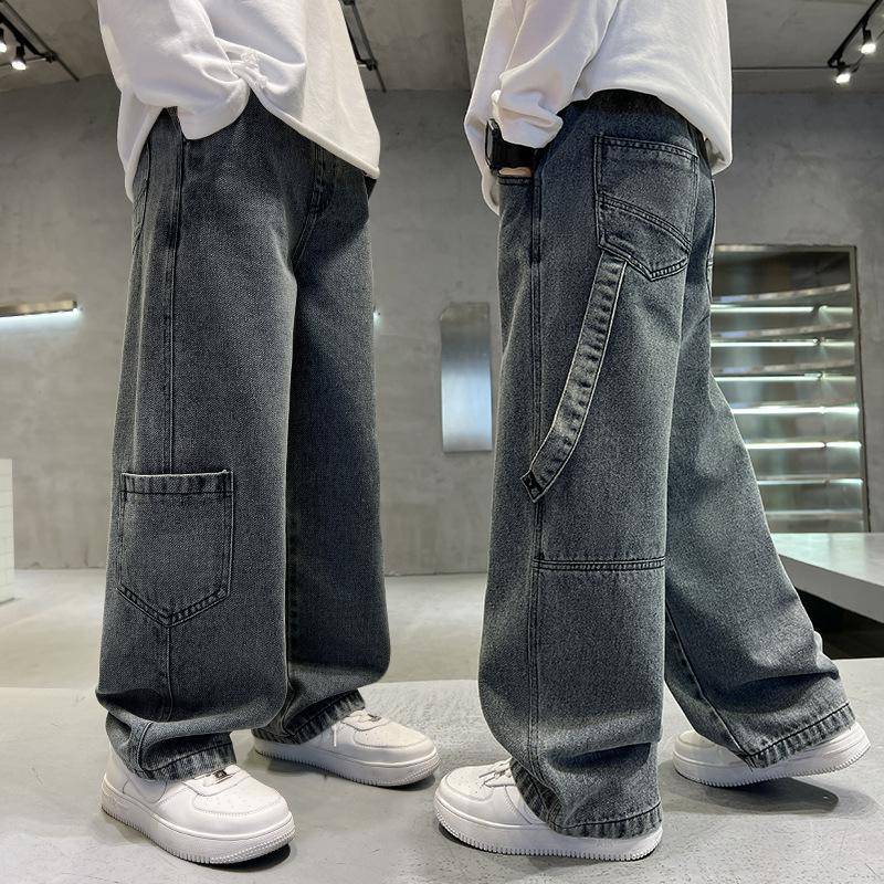 Frühlings- und Herbst-Teenager-Jungen Cargo-Jeans Kinder Weitbein-Denimhosen für Kinder Locker Taschen Hosen 130 grau von Joom DACH