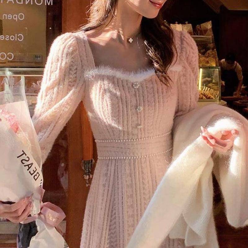 Frühlings- und Herbstkleid für Damen, sanftes Feenkleid, First Love, französisches Spitzenkleid für die königliche Schwester, schmal geschnittenes Kleid für Damen im Herbst und Winter XL rosa von Joom DACH