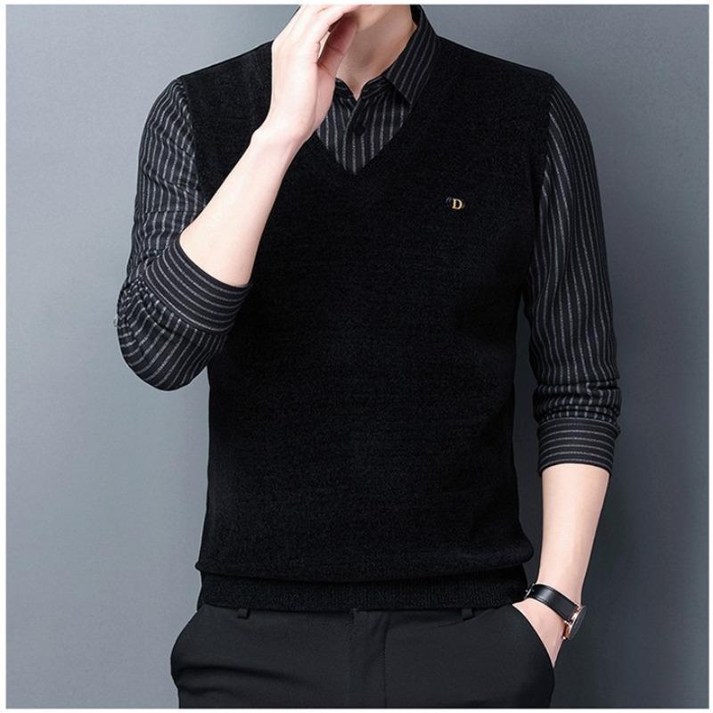 Frühlings- und Herbstpullover für Herren, gefälschte zweiteilige Strickpullover, modisch, lässig, führendes Herren-Business-Hemd L von Joom DACH