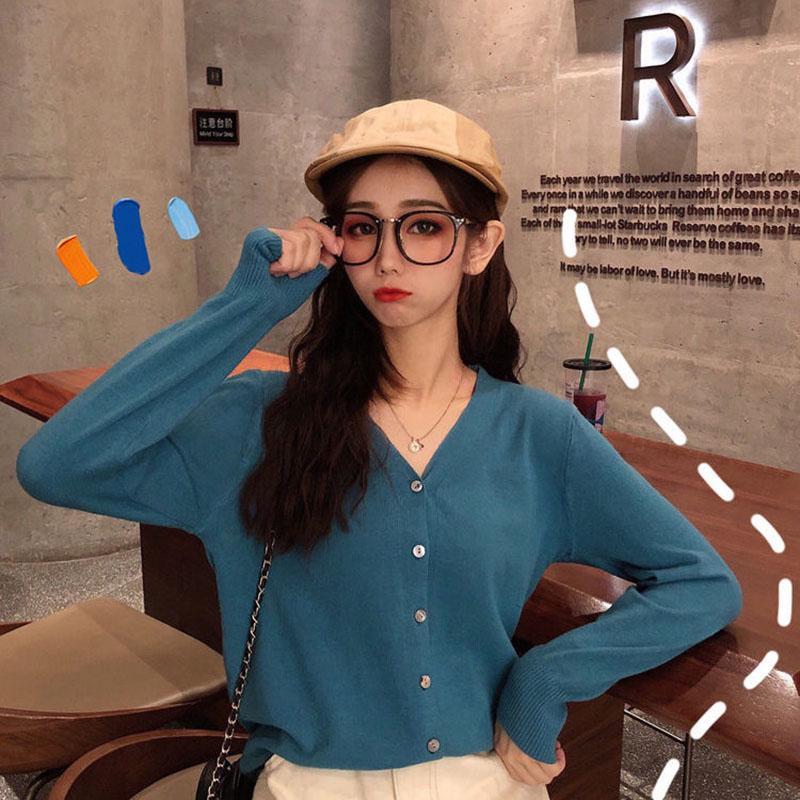 Frühlings- und Herbststrickwaren für Damen, dünner kurzer Cardigan im Westernstil mit V-Ausschnitt, vielseitiges Langarm-Oberteil S blau von Joom DACH