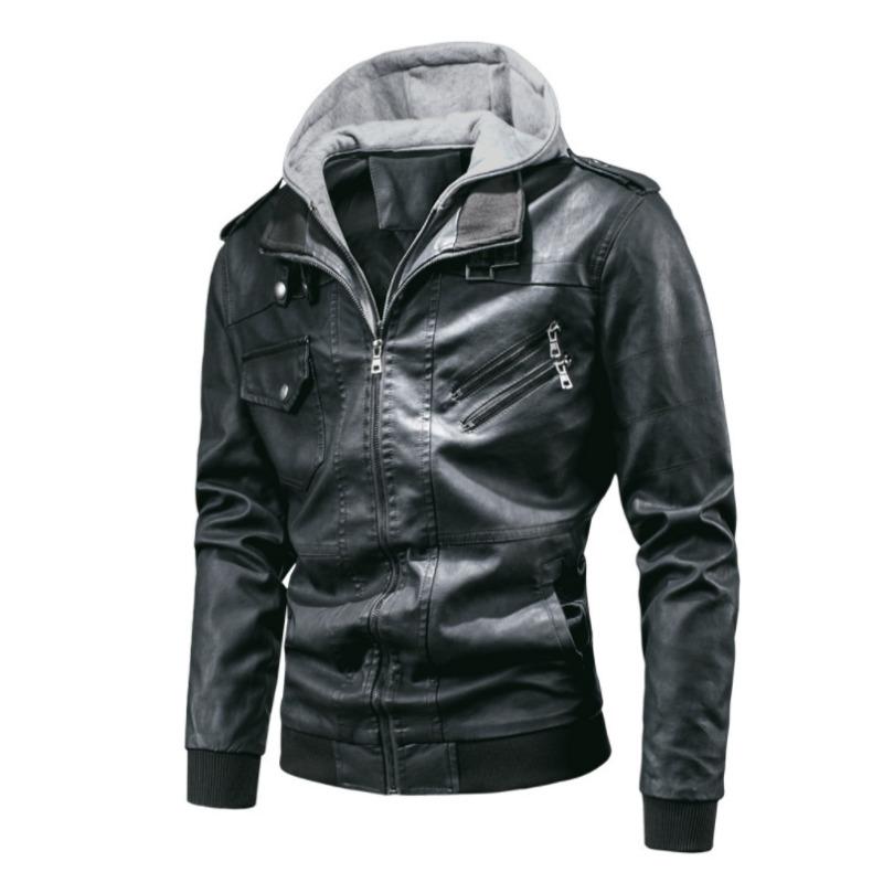 Frühlings- und Herren Lederjacke mit abnehmbarer Kapuze, mehreren Taschen und doppeltem Reißverschluss XXXXL von Joom DACH