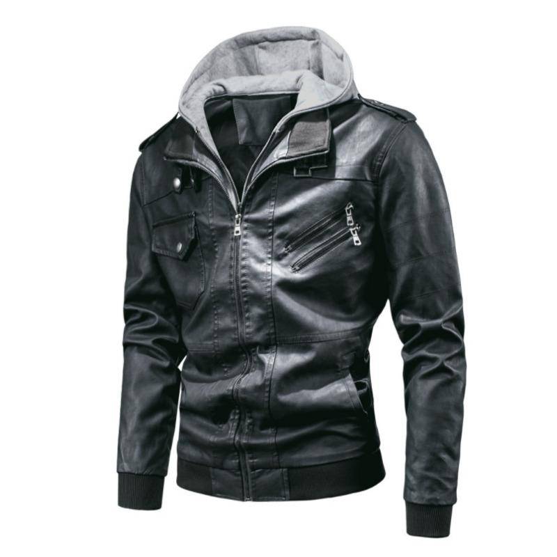 Frühlings- und Herren Lederjacke mit abnehmbarer Kapuze, mehreren Taschen und doppeltem Reißverschluss XXXXL von Joom DACH
