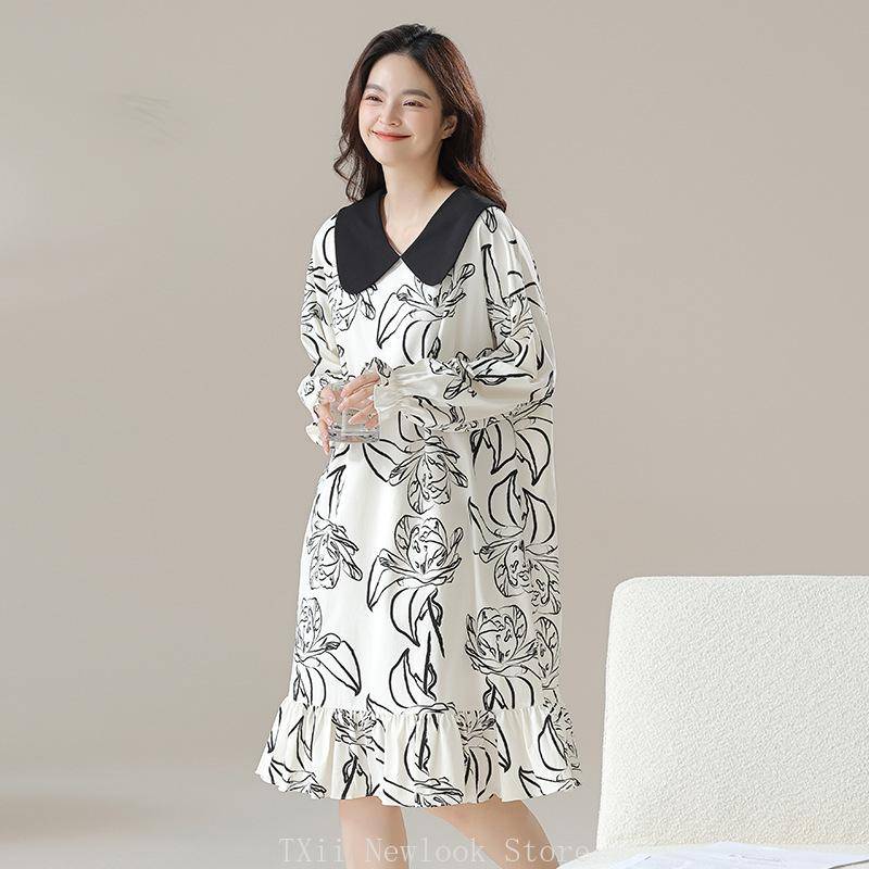 Frühlings- und Sommer-Damen-Nachthemd Reine Baumwolle Pull-Frame Reine Baumwolle Midilanges Rock Übergewichtige MM Plus Size Nachthemd L von Joom DACH