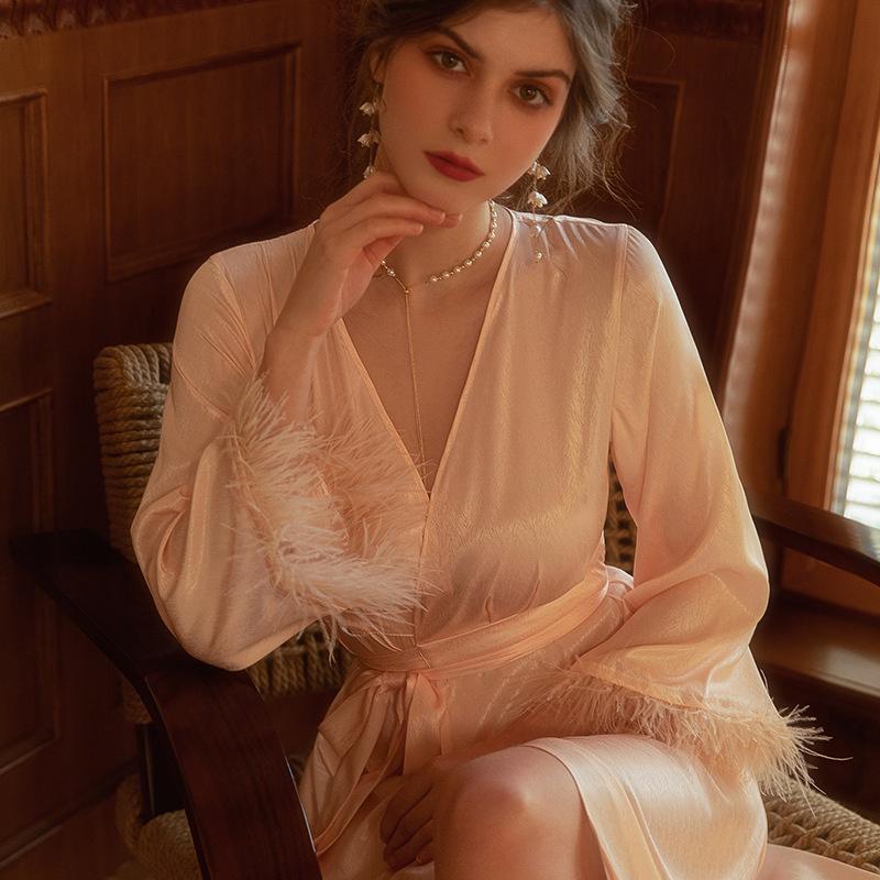 Frühlings- und Sommer-Fischgrätenmuster Damen Premium Federbademantel Eisseide Kimono-Stil Satin Langer Bademantel 2XL von Joom DACH