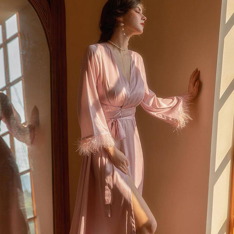 Frühlings- und Sommer-Fischgrätenmuster Damen Premium Federbademantel Eisseide Kimono-Stil Satin Langer Bademantel 2XL von Joom DACH