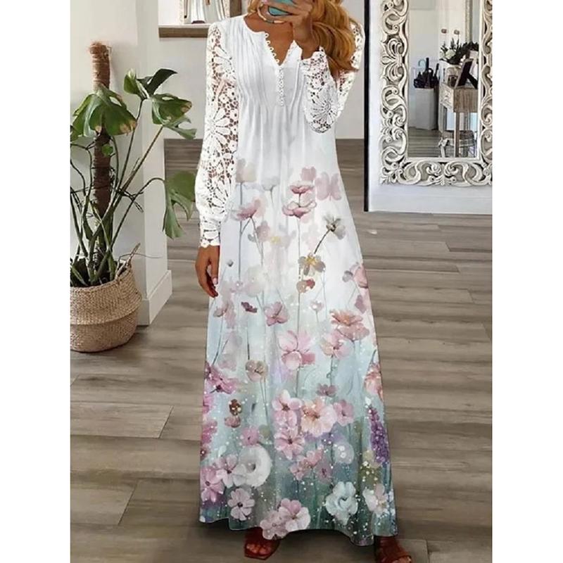 Frühlings- und Sommer-Freizeitkleider für Damen in Übergröße, modisch bedrucktes Spitzen-Langarm-Loose-Fit-Kleid, elegant, Vintage, für Urlaub, Strand, langes Kleid 26518 XXL rosa von Joom DACH