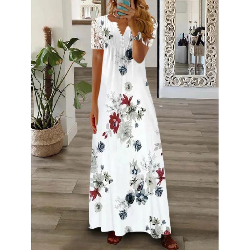 Frühlings- und Sommer-Freizeitkleider für Damen in Übergröße, modisch bedrucktes Spitzen-Langarm-Loose-Fit-Kleid, elegant, Vintage, für Urlaub, Strand, langes Kleid 26518 XXL von Joom DACH