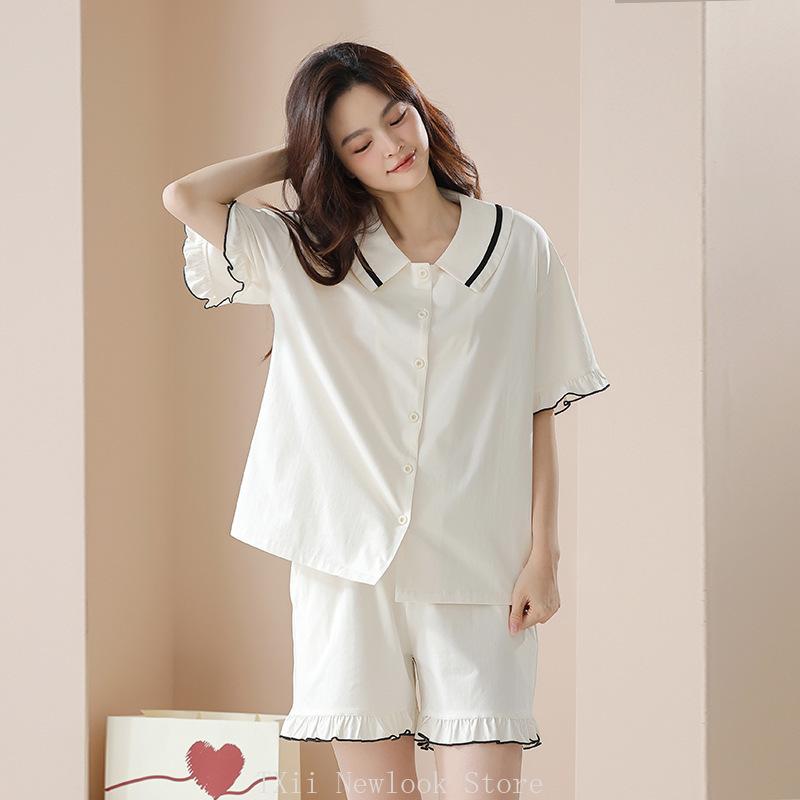 Frühlings- und Sommer-Reine Baumwolle-Pyjamas Damen Kurzarm zum Überziehen Reine Baumwolle Dünn Bedruckt Hausanzug-Set 2XL von Joom DACH