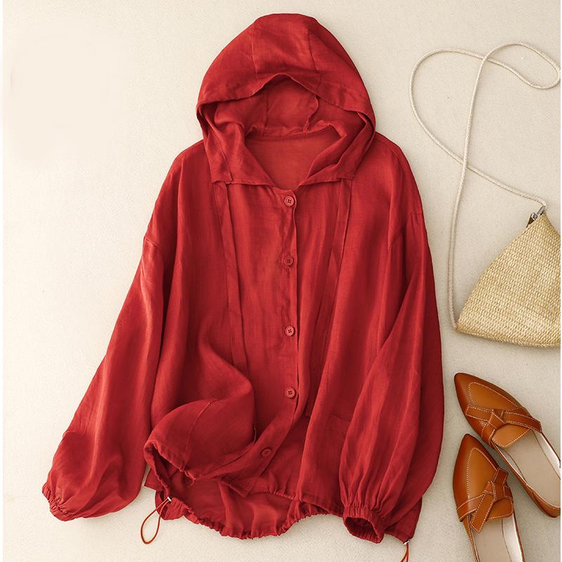 Frühlings- und Sommer-Sonnenschutzhemd für Damen, Kapuzenpullover aus Baumwolle und Leinen, lässiges Sonnenschutzhemd für den Strandurlaub XL rot von Joom DACH