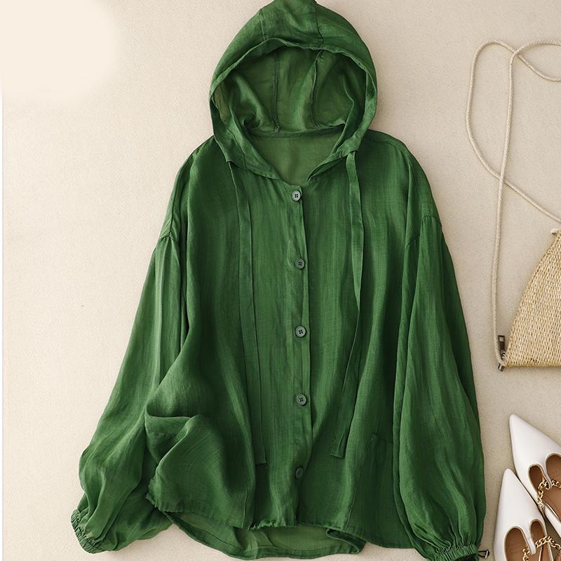Frühlings- und Sommer-Sonnenschutzhemd für Damen, Kapuzenpullover aus Baumwolle und Leinen, lässiges Sonnenschutzhemd für den Strandurlaub XXL grün von Joom DACH