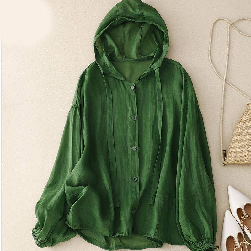 Frühlings- und Sommer-Sonnenschutzhemd für Damen, Kapuzenpullover aus Baumwolle und Leinen, lässiges Sonnenschutzhemd für den Strandurlaub XXL grün von Joom DACH