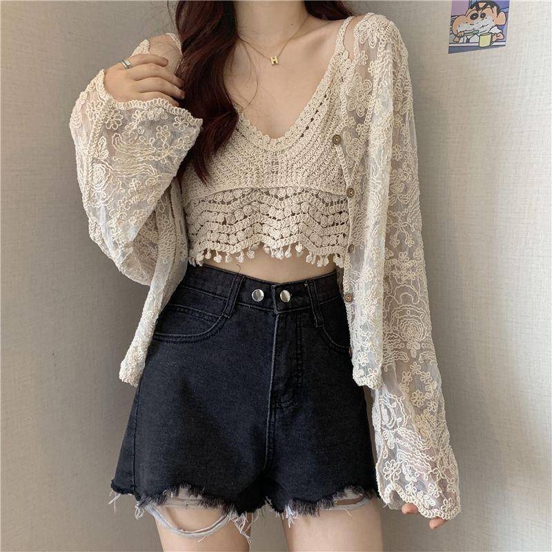 Frühlings- und Sommeranzug für Damen, Hosenträgerweste + V-Ausschnitt, Häkelspitze, langärmelige Strickjacke, Sonnenschutzkleidung, zweiteiliger Anzug L apricot von Joom DACH