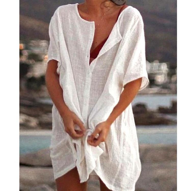 Frühlings- und Sommerkleider in Übergröße, modische Kleidung, lässige Kurzarmkleider für Damen, Strandkleidung, Robe Femme, Bademode, Überzug 4XL weiß von Joom DACH