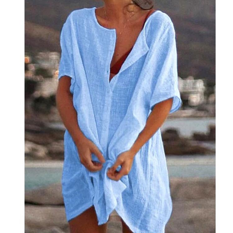 Frühlings- und Sommerkleider in Übergröße, modische Kleidung, lässige Kurzarmkleider für Damen, Strandkleidung, Robe Femme, Bademode, Überzug XL blau von Joom DACH