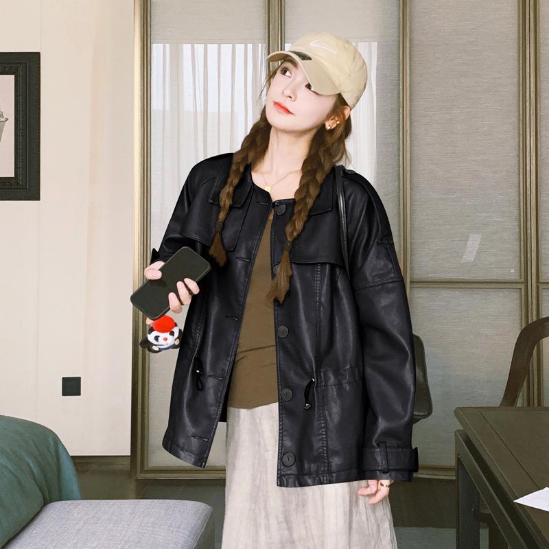 Frühlingsbraune schwarze Lederjacke für Damen, einreihig, mit Kordelzug in der Taille, lockere, große Freizeitjacke XL braun von Joom DACH