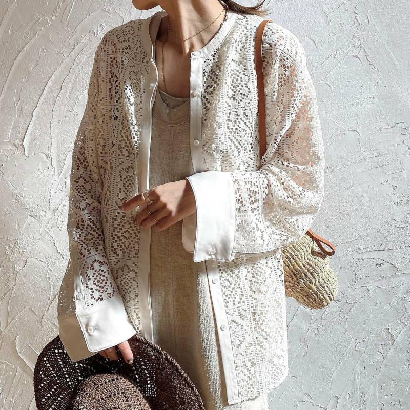 Frühlingshemd Damen Spitzenbluse Langarm Fashion Tops T-Shirts Lose T-Shirts Neu Weiß One Size beige von Joom DACH