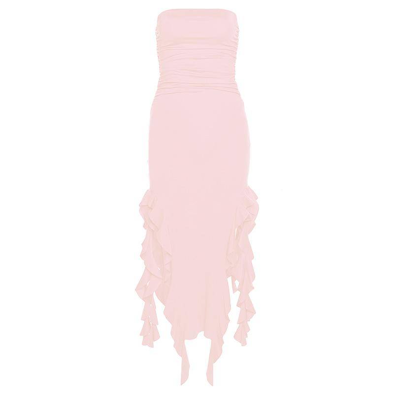 Frühlingsmode-Trend Damen Neues schulterfreies BH-Wickel-Hüft-Fit-unregelmäßiges Kleid S rosa von Joom DACH