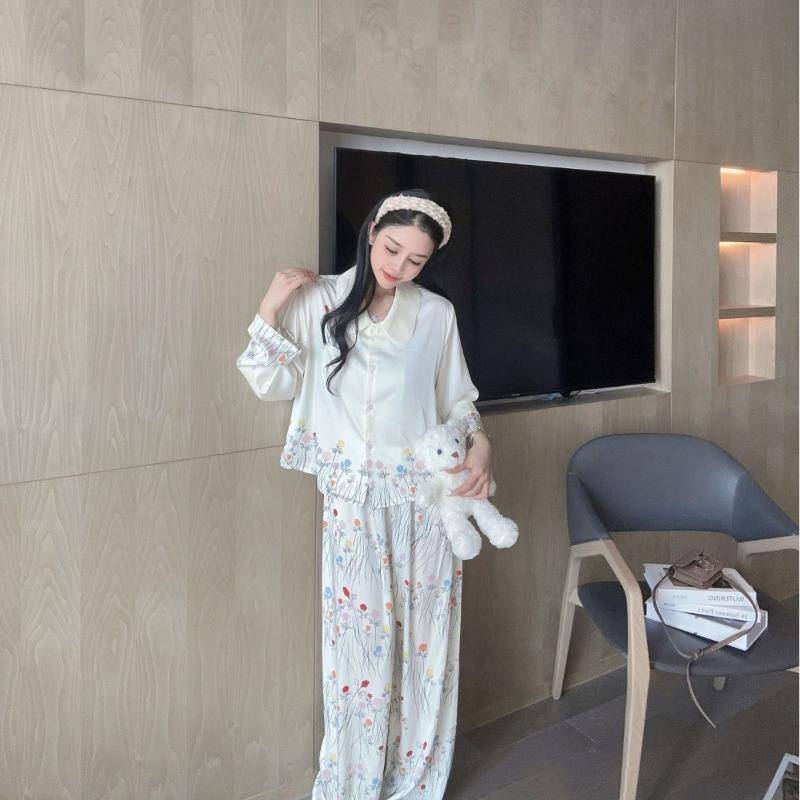 Frühlingsneuer Pyjama für Damen, Eisseide Lange Ärmel, Puppenkragen, Aquarellblumen, Mädchenhafter Stil, Süßer Heimstil XXL von Joom DACH