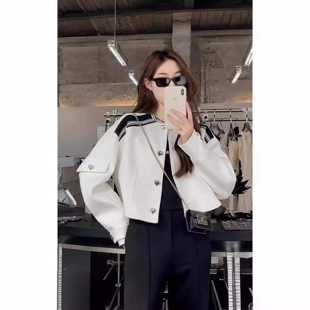 Frühlingsneuer Stil Jacke mit kontrastierenden Farben Schwarz und Weiß Lässige Shorts Top Koreanischer Stil Damen Langärmelige Baseballuniform XL weiß von Joom DACH