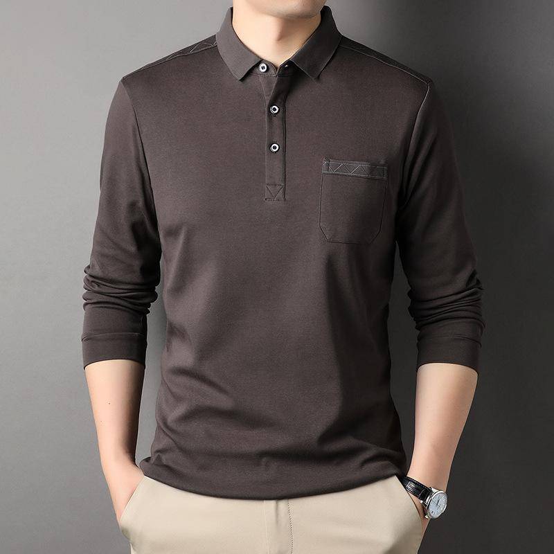 Frühlingsneues Herren-T-Shirt Modisches Lässiges Revers Baumwolle Einfarbig Langarm-T-Shirt mit Taschen XXXL von Joom DACH