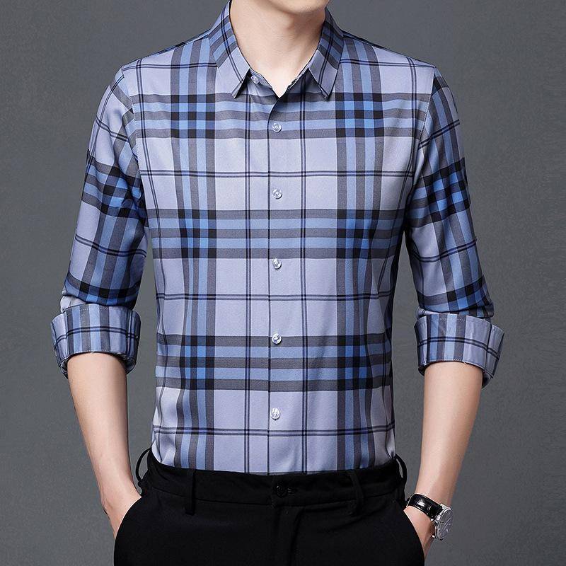 Frühlingsneues langärmeliges Herrenhemd mittleren Alters Leichtes Business Casual Plaid Revers Cardigan Nahtloses Herren-Basishemd 4XL von Joom DACH