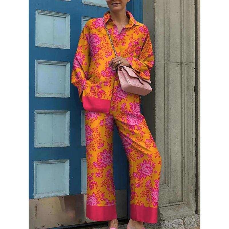 Frühlingspyjama-Set mit lockerem Retro-Print für Damen, 2-teilig, langärmelig, Übergröße, Pyjama, Sportbekleidung XXL von Joom DACH