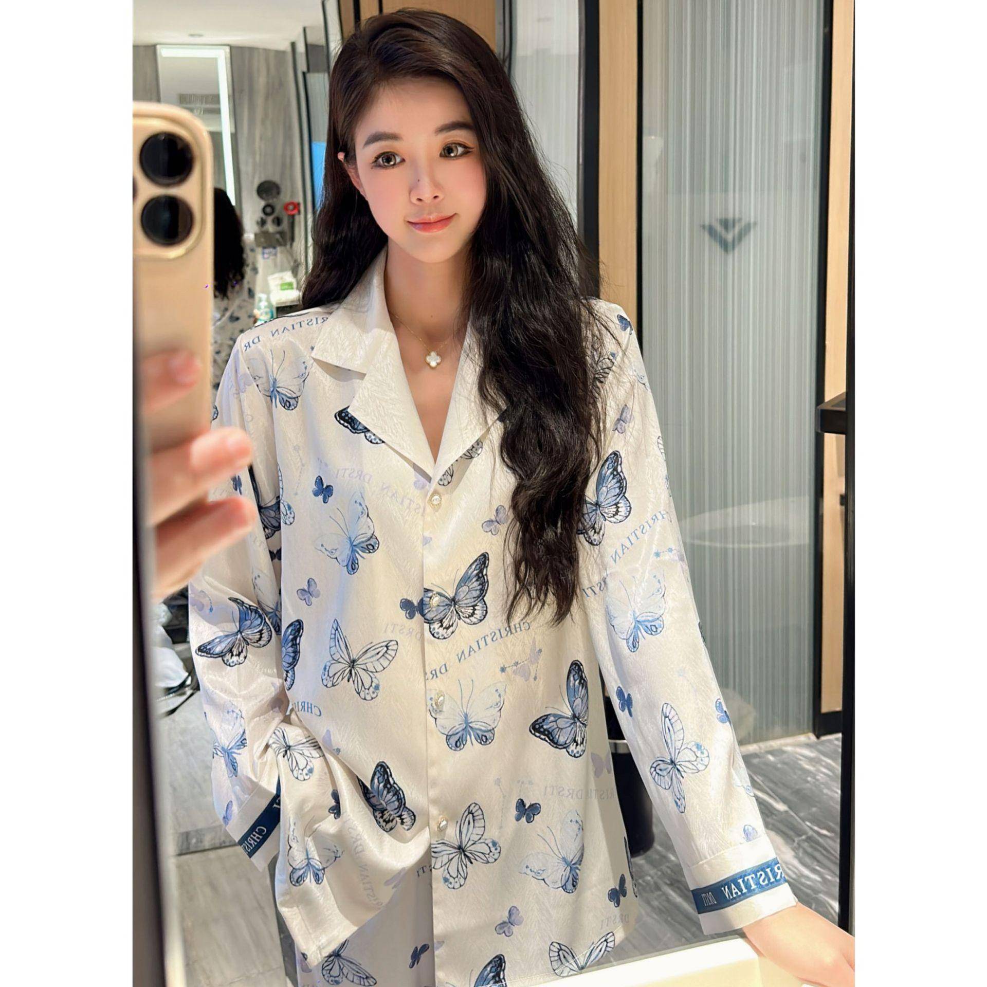 Frühlingspyjamas Damen Langarm Cardigan Schmetterlingsdruck Home Fury Set Hochwertiger leichter Luxuspyjama XL blau von Joom DACH