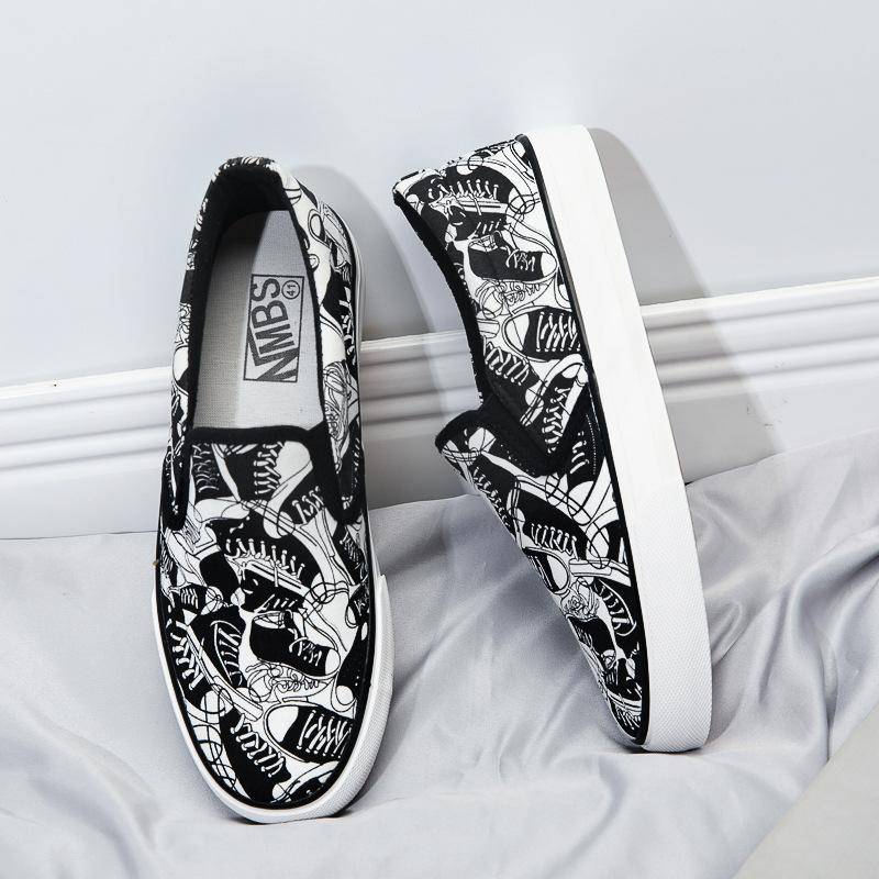 Frühlingsschuhe für Herren Canvas Freizeitschuhe Trenddruck Flache Skateboard-Schuhe Jugend Slip-on Sneaker 44 schwarz von Joom DACH