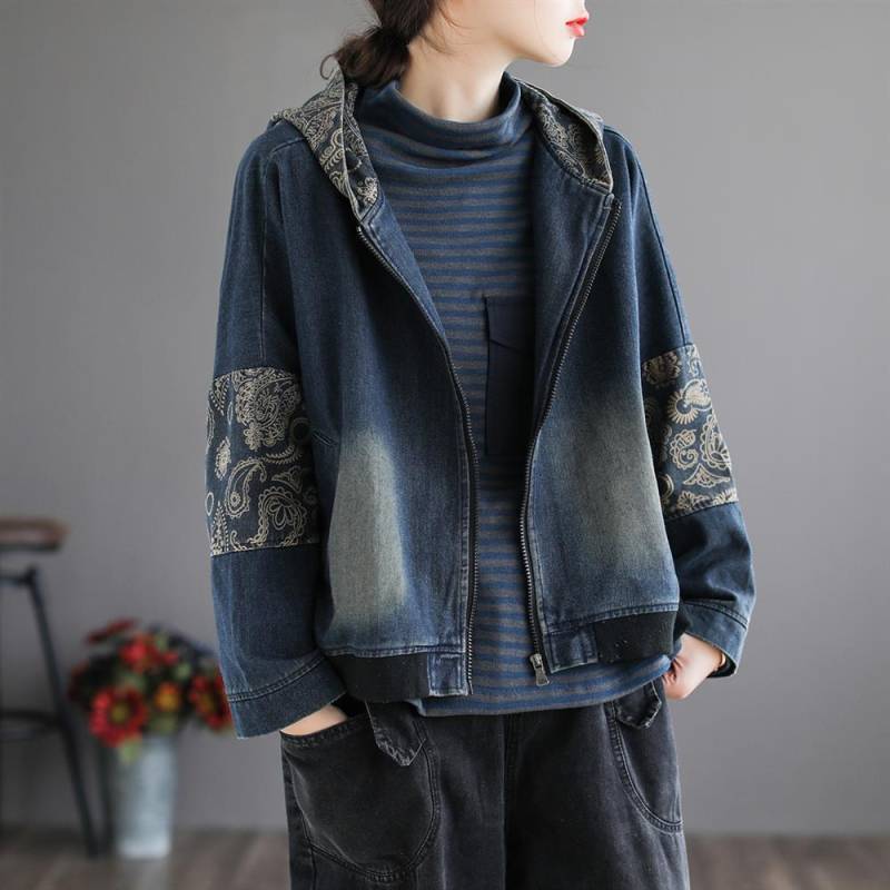Frühlingsstil Künstlerische Retro Patchwork Kapuzen-Denimjacke für Damen, Kurzer Stil, Neue Lockere Freizeitkleidung 3XL blau von Joom DACH