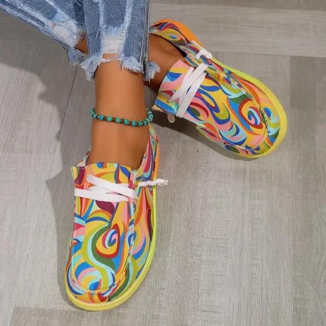 Fshion Frühling Sommer Damen Ethnische Regenbogen Canvas Schuhe Herbst Casual Täglich Runde Zehe Multi Color Print Schnürschuhe Damen Flache Schuhe 39 beige von Joom DACH