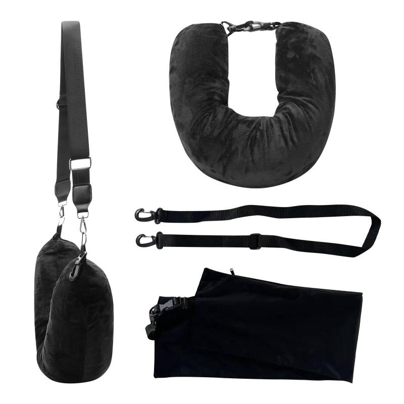 Füllbares Reisekissen für zusätzliches Gepäck Aufbewahrungstasche mit verstellbarem Samt-Reise-Nackenkissen für bis zu 3-tägige Reisen U-förmiges Kissen One Size schwarz von Joom DACH