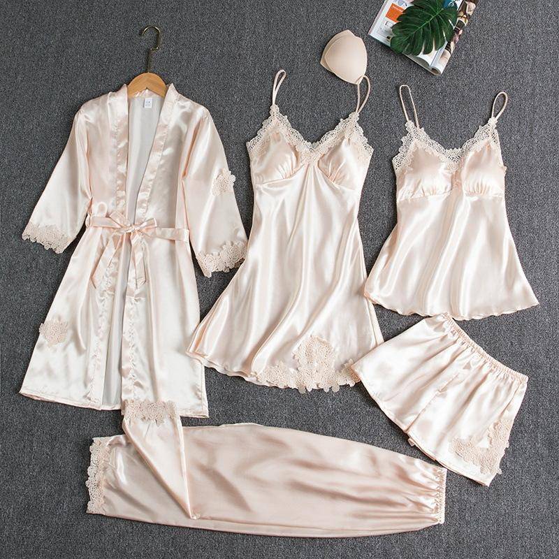 Fünf-Teile-Set Seidenrobe Schlaf Damen Pyjama Morgenmantel Set V-Ausschnitt Nachthemden Kleidung Pijama Nachtwäsche Frühling Nachthemd L von Joom DACH