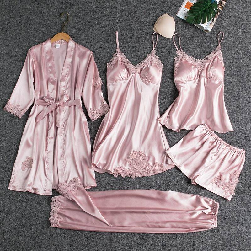 Fünf-Teile-Set Seidenrobe Schlaf Damen Pyjama Morgenmantel Set V-Ausschnitt Nachthemden Kleidung Pijama Nachtwäsche Frühling Nachthemd XS rosa von Joom DACH