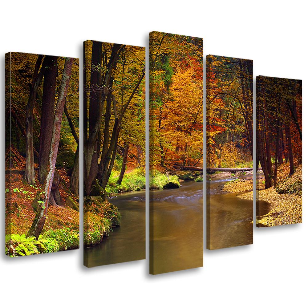 Fünfteiliger Leinwanddruck Autumn Forest River 100x70 orange von Joom DACH