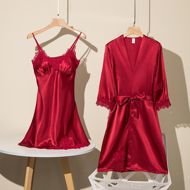 Fünfteiliges Seidenpyjama-Set für Damen – Sinnliches, wattiertes Nachthemd mit Schlachtschiff-Print für Frühling und Sommer XXL von Joom DACH