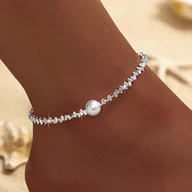 Funkelnde dünne Kette Fußkettchen für Frauen Zirkon Herz Kreuz Anhänger Doppelschicht Armband am Bein Fuß Trendy Sommer Strand Schmuck von Joom DACH