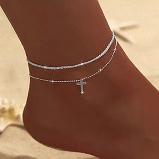 Funkelnde dünne Kette Fußkettchen für Frauen Zirkon Herz Kreuz Anhänger Doppelschicht Armband am Bein Fuß Trendy Sommer Strand Schmuck von Joom DACH
